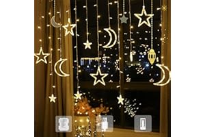 Woukksy LED Lichterkette für Ramadan Deko, 3.5M Stern Mond Lichtervorhang mit Timer & Fernbedienung, 8 Modi Lichterketten Fenster Innen für Balkon, Hochzeit, Party, Kinderzimmer, Ostern Dekoration