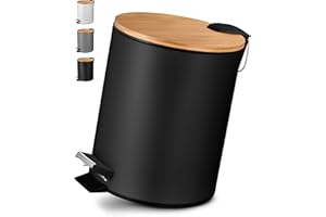 VMbathrooms 5L Poubelle Salle de Bain à Pédale | Fermeture Souple | Design Élégant avec Couvercle en Bois de Bambou | Noir | + E-Book Gratuit
