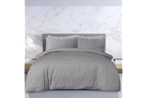 Sleepdown Wysokiej jakości zestaw pościeli z poszewkami na poduszki z bawełny poliestrowej i satyny w paski, miękka, łatwa w pielęgnacji, luksusowa pościel, kolor szary, rozmiar King (230 x 220 cm)