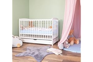 Alcube® Lit réglable de bébé évolutif 60x120 EMMI avec tiroirs et sommier à Lattes Lit à barreaux 120x60 cm en Hauteur et Transformable en lit d'appoint avec Barres Amovibles - Blanc