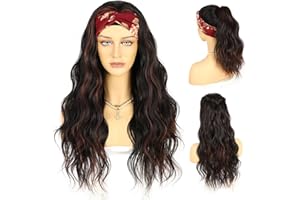 ‎SAPPHIREWIGS Sapphirewigs Stirnband Perücke Highlight Wellige Synthetische Perücken für Frauen Schwarz Burgunder Klebelose Täglich tragen Cosplay Stirnband Haare 150% Dichte 26 inch