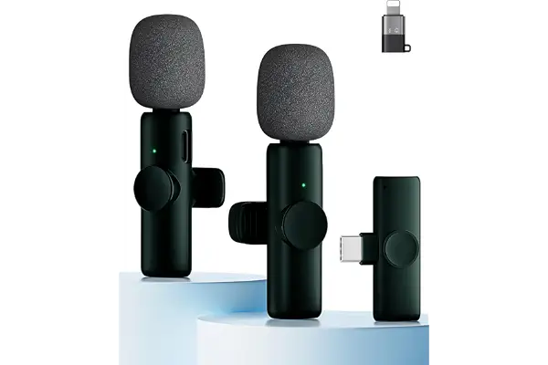 Juego de 2 micrófonos Lavalier inalámbricos para teléfono, Pad y teléfono Android, micrófono con cancelación de ruido, Plug & Play, ideal para vídeo, podcast, YouTube, TikTok, negro bautizo