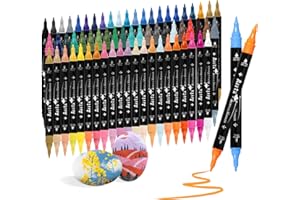 Arrtx 64 rotuladores acrílicos para piedras resistentes al agua, rotuladores acrílicos con punta de pincel y punta fina, rotulador de pintura para pintura de rocas para cerámica, tela, lienzo, madera