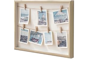 Gwezmxs Bilderrahmen Collage, Fotohalter mit Klammern, Bilderrahmen mit Klammern und Leine, Fotocollage mit 7 Klammern für Polaroid Fotos, Photo Frame with Clips, Holz, 42x32cm