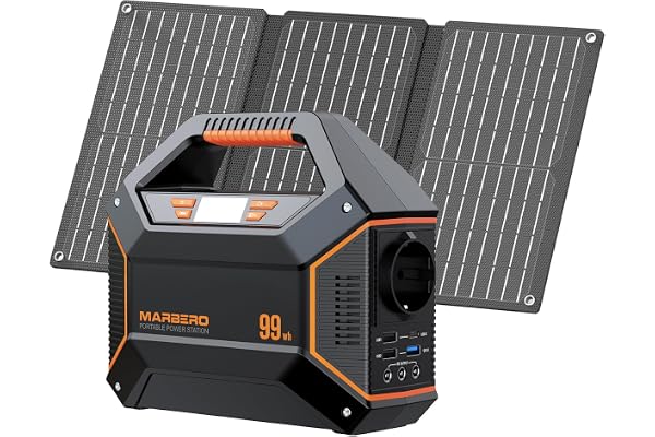 MARBERO Power Station 100W Batterie Externe 99Wh 27.000mAh avec Panneau Solaire Pliable 30W avec Prise EU Groupe Electrogene Silencieux, Lampe Torche SOS Pour Camping, Urgence Maison, Voyage Bricolage