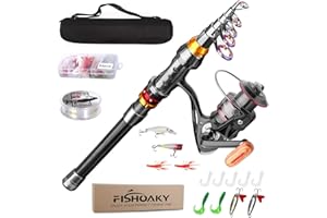 FISHOAKY Canna da Pesca Telescopica in Fibra di Carbonio e Mulinello Combo Spinning Canna con Bobina Linea Esche Ganci per Bambini e Adulti | Saltwater &Freshwater