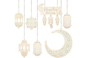 ‎MECCTUCK Mecctuck 7 Stück Ramadan Deko, Ramadan Dekoration, Ornament Holz Anhänger, Ramadan Mubarak Dekoration, Eid Mubarak Dekoration, Islamische Deko, Mond Stern Anhänger für Ramadan Mubarak Eid Party Deko