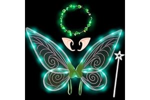 YOUYIKE Feenflügel Leuchtend LED, Fairy Wings Adult & Kinder Costume mit Elfenohren Blumenkranz Sterne Feenstäbe Butterfly Wings Erwachsene Elfen Schmetterlingsflügel Damen Fee Kostüm