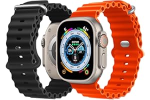 NUKELOLO 2 Stück Ocean Armband Kompatibel mit Apple Watch Ultra 49mm 46mm 45mm 44mm 42mm 41mm 40mm 38mm, Soft Silikon Sport Armband für iWatch Series 10 Ultra 9 8 7 6 5 4 3 2 1 SE, Schwarz/Orange