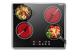 Karinear Piano Cottura Elettrico 4 Fuochi, 60cm Piani Cottura Vetroceramica Incasso, 6600W Piastra Cottura Elettrica con Blocco di Sicurezza per Bambini, Controllo Timer, Nero