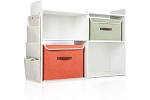 pioncrey Large Toy Storage 110 x 80cm, 2 Fabric Storage Boxs and Hanging Pocket, 2in1 Expandable Wood Kids Bookshelf unit, Eco-Friendly Children's Bookcase for Nursery, Bedroom, Playroom