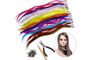HQdeal Federhaarverlängerungs-Set, mit 52 Synthetischen Federn, 100 Perlen, Zange und Häkchen