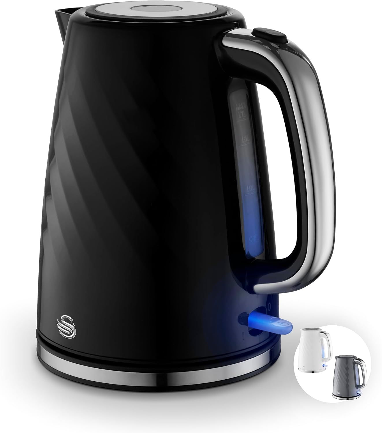 Swan SK14611BLK Windsor Rapid Boil Kettle with Removable Limescale Filter, Boil Dry Protection and Hidden Cord Storage, 1.7L, 3KW, Black