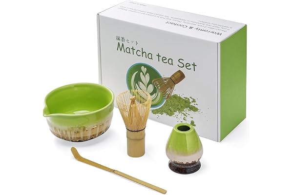 Mycketop Premium Matcha Set 4 PCS, Fouet en bambou, Cuillère, Bol en céramique avec bec verseur, Porte-chasen, Cadeau pour les amateurs de matcha, Vert dégradé