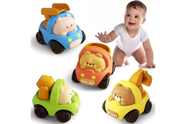 ZHUOYOU Bébé Voitures Jouets pour Garçons 1 Ans, 4 Pièces Jouets Friction Véhicules Dessin Animé, Voiture Push and Go Bebe Éducation Précoce Cadeau Enfant 2 3 4 Ans