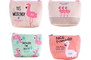 FuninCrea 4 Pièces Mini Porte Monnaie en Toiler, Petit Porte-Monnaie Enfant avec Fermeture Éclai, Petite Pochette à Monnaie Petit Pochette Portefeuille Sac à Monnaie pour Monnaie, Clés(Flamants Roses)
