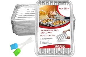 KAHEIGN 30Pcs Alu Grillschalen 34 x 23 x 3cm Grillpfanne, Aluminium BBQ Tropfschalen Einweg-Schale Eckig Schalen für BBQ, Fleisch & Gemüse, Hitzebeständige Grillbehälter für Braten, Grillen