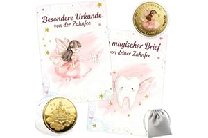 songyea 2 Stück Zahnfee Geschenk Kinder, Bunte Zahnfee Münze mit Zahnfee-Brief & Zahnzertifikat, Geschenkset für Mädchen & Jungen zur Zahnübergabe, Verlorenen Zahn Kinder Geschenke Souvenir