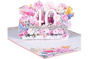 ANEWISH Kartka urodzinowa 3D na 40. urodziny, kartka pop-up na przyjęcie urodzinowe, kwiaty różowe, kartki z życzeniami Happy Birthday, kartka jubileuszowa, składana kartka z wiadomościami i kopertą