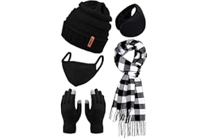 ANECO Winter Warm Sets Buffalo Plaid Scarf Knitted Beanie Hat Gloves Earloop Warm Cover for Men and Women