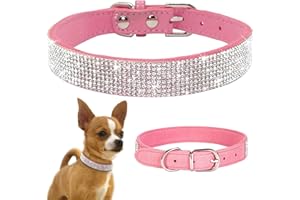 TSKDKIT Obroża dla szczeniaka dla kota, małego psa, urocza obroża dla zwierząt ze strasu, błyszcząca obroża dla kota, miękka skórzana obroża dla zwierząt (S, różowa)