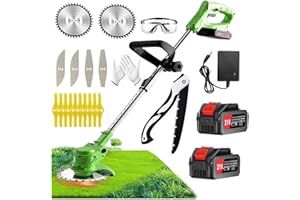 BOUJHYN Grass Trimmer 21V Electric Cordless Strimmer & Brush Cutter with 2 Batteries, 3 Blades - Lawn Edger That Grass Trimmer - Battery Powered Yard Tool For Lawns and Farmland, DIY Garden, Lawn Care