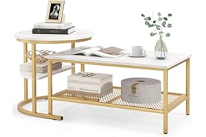 LIFEZEAL Set di 2 Tavolini da Salotto, Separati, Uniti, Tavolino da Caffè + Tavolino Laterale Rotondo da Divano, a 2 Ripiani, Effetto di Marmo, Decorativo, Moderno, Telaio in Metallo, Max 140kg (oro)