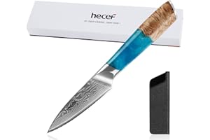 hecef Couteau d’office 9cm Damast 67 couches VG10, Manche bois stabilisé & résine, Couteau à Éplucher avec étui, coffret cadeau, équilibrage professionnel, idéal pour chefs et amateurs de cuisine