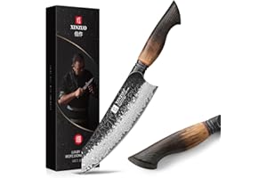 XINZUO Acier Damas 19,3cm Couteau Santoku -Finition Martelée Couteau de Cuisine de Chef Lame Tranchante Forgé Professionnel -Poignée Ergonomique en Chêne Blanc -Mo Série