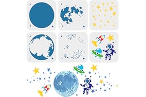 FINGERINSPIRE 6 Pcs Layered Space Theme Stencil 15x15cm Moon Earth Painting Template Plastic Astronaut Rocket Spaceship Patterns Stencils Reusable Moon Stars Stencil for Home Wood Floor Wall Decor