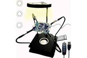 AURYEE Soldering Station Helping Hands with Magnifying Glass with Light Solder Tool Third Hand Welding Kit PCB Holder Heavy Duty Base Plate | Four Flexible Arms