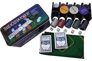 Rock and Baby Juego de Póker/Blackjack en Caja de Metal - 2 Barajas, 200 Fichas, Dados, Ficha Dealer, Ciega Pequeña, Ciega Grande, Tapete de Juego