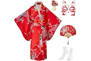 KRUIHAN Yukata kimono dla dziewczynek, styl japoński, tradycyjny strój, jedwabny materiał, strój ślubny, na imprezę, do występów, czerwony, 140