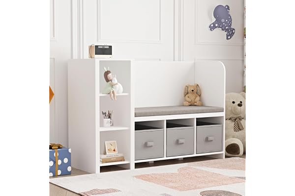 [en.casa] Barnsittbänk med hylla Høyland-sittbänk med förvaringsutrymme barnhylla med 3 förvaringslådor barnrum 76 x 112 x 40 cm skobänk med säte vit