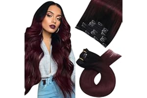 Moresoo Extension Cheveux Naturel Clip Extension Ombre Clip Balayage Noir à Rouge Vin Extension a Clip Cheveux Naturel 40 cm 7 Pièces/120g #1B/99J