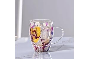 LeKuni Tasse Double Paroi Avec Fleurs Séchées, 350ml Verre Double Paroi, Tasses À Expresso En Verre Transparent Pour Cappuccino, Expresso, Latte, Thé（violet）