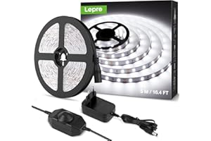 Lepro Tira LED Regulable, Luces LED Habitación 5M 1200lm, Blanco Frío 6000K, 300 LEDs, Tira Luz LED para Gabinete, Armario y Más, Incluido Fuente de Alimentación de 12V y Regulador de Intensidad
