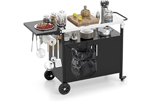 COSTWAY Wózek do grillowania na zewnątrz, stół do grillowania z płytą ze stali nierdzewnej, składany stolik pomocniczy, szafka, 6 haczyków i uchwytów, do 100 kg, metalowy stół kempingowy, na imprezy