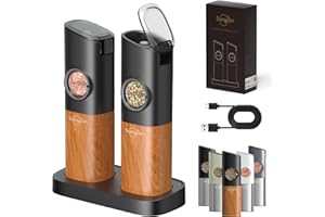 [AGGIORNAMENTO CON MAGGIORE CAPACITÀ] Sangcon Set Macina Sale e Pepe Elettrico Gravità con Base, Ricarica USB, Regolazione della Ruvidità, Coperchi Antipolvere Automatici, Luce LED, Grano di Legno