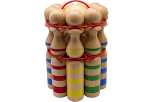 GICO 3025 Skittles Set Bowling Wooden Large for Children and Adults - Solid Wood 24 cm Striped