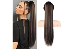 REECHO Ponytail Extension, 28" Long Straight Drawstring Pony Hair Extension Synthetic Pony Tail Hairpiece for Women - Chestnut Brown with Blonde Hightlights