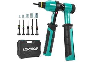 LIBRATON Remachadora de Tuercas, Remachadora de Tuercas Profesional con Trinquete, Pistola de Remachadora Manual con 5 Mandriles Métricos, 5 Boquilla de Tuerca, 50 Piezas Tuercas Remachables, Caja