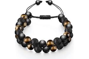 Emibele Triple Protection Bracelet, Amethyst Black Obsidian & Hematite Tiger Eye Bracelet Handmade Natural Stone Bracelets, Healing Crystal Bracelet for Men Women Brings Luck Prosperity & Happiness