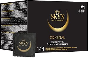 Skyn Original: Set med 144 Skynfeel latexfria kondomer för herr/vanlig storlek, solid och tunn, rak form och slät/diameter 53 mm