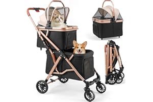 MAMIZO Doppelter Hundebuggy, Haustiere Buggy bis 15 kg, Faltbar 2 Etagen Hundewagen, Katzenbuggy für 2 Etagen mit 4 PCS verschleißfeste PU-Räderr, Hundebox Transporttasche, Schwarz