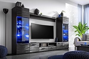 Com4t-Style Modica Living Room Furniture Set Modern TV Stand Cabinet - Glass Display Cabinets - TV Bench - Floating Shelf with 4-points LED - Sahara 3D/Black - 260 x 150 x 41 cm -