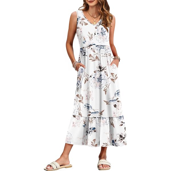 AUSELILY Robes d'été pour femme - Manches courtes - Taille empire - Robe longue - Col en V - Cache-maillot de plage avec poches, Floral Bleu Blanc, XL AUSELILY Robes d'été pour femme - Manches courtes - Taille empire - Robe longue - Col en V - Cache-maillot de plage avec poches, Floral Bleu Blanc, XL