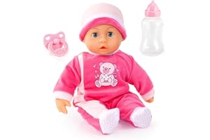 Bayer Design 93824BM Interaktywna lalka bobas, mówiąca, miękkie ciało, smoczek, butelka, 38 cm