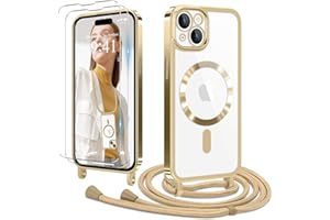 Ethanger Handykette für iPhone 15 Hülle mit Band + 2 Stück Panzerglas Schutzfolie Transparent Silikon Handyhülle Magnetische Schutzhülle zum Umhängen Kordel für iPhone 15 Gold