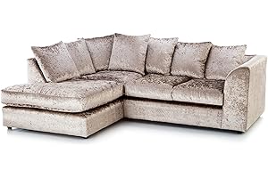Furnishings For Less UK New Mink Crushed Velvet Corner Sofa 3 4 Seater | Crystal Range Left Hand Facing (Mink, Left Hand Facing)